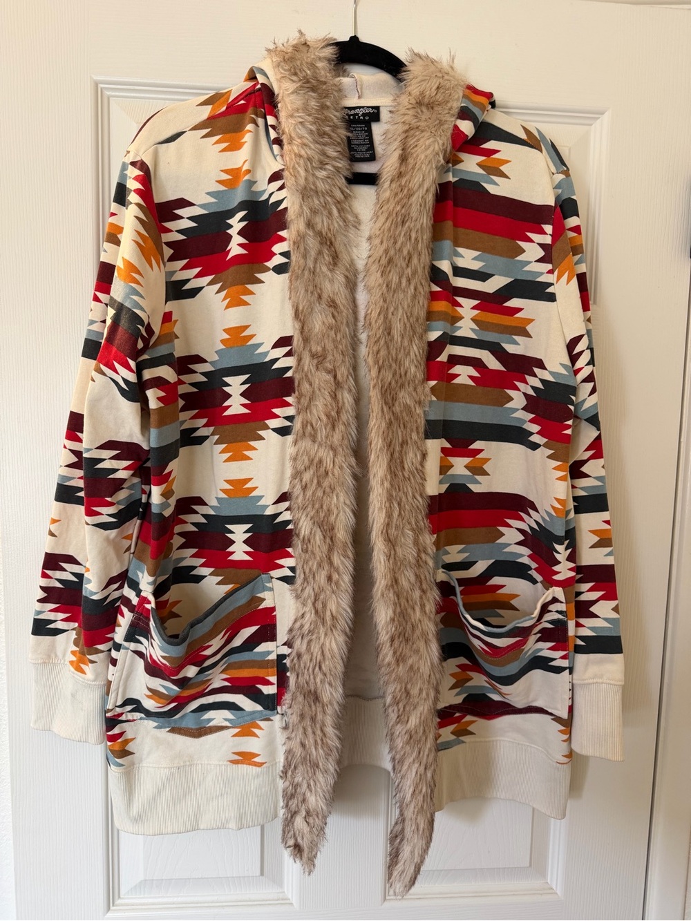 Wrangler Cream Aztec-Print Faux-Fur Trim Hooded Cardigan